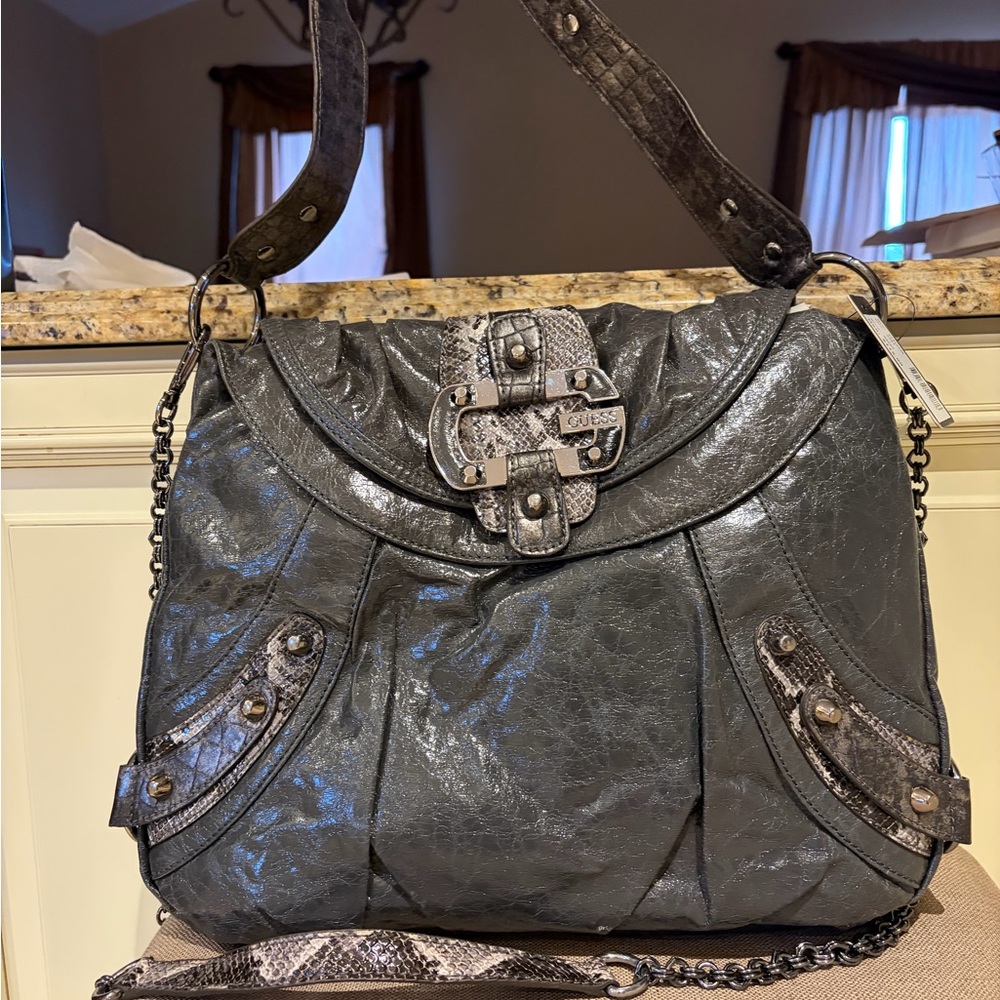 Guess Metallic Gray Shoulder Bag with Snakeskin Trim
